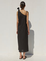 One-Shoulder Linen Midi Dress with Adjustable Tie Straps and Raw Hemline Finish
