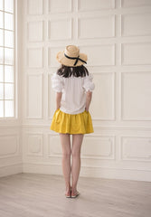 Puff Sleeve Linen Blouse with Tie Neckline and Curved Hem for Breezy Everyday Style