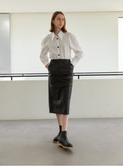High-Waisted Pencil Skirt in Genuine Leather with Sleek Silhouette and Midi Length