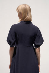 Linen Blend Puff Sleeve Midi Dress with Button Front and Sculpted Collar Detail