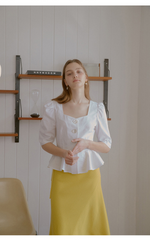 Linen Peplum Blouse With Square Neckline And Statement Buttons