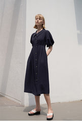 Linen Blend Puff Sleeve Midi Dress with Button Front and Sculpted Collar Detail