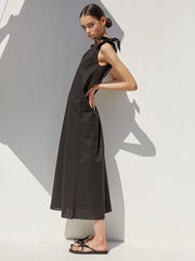 One-Shoulder Linen Midi Dress with Adjustable Tie Straps and Raw Hemline Finish
