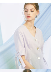 V-neck Linen Blouse with Statement Buttons and Tie Sleeves – Lightweight Summer Linen Top