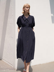 Linen Blend Puff Sleeve Midi Dress with Button Front and Sculpted Collar Detail