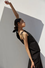 One-Shoulder Linen Midi Dress with Adjustable Tie Straps and Raw Hemline Finish