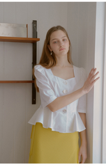 Linen Peplum Blouse With Square Neckline And Statement Buttons