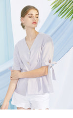 V-neck Linen Blouse with Statement Buttons and Tie Sleeves – Lightweight Summer Linen Top