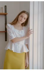 Linen Peplum Blouse With Square Neckline And Statement Buttons