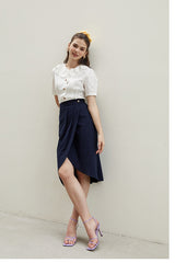 Linen Wrap Midi Skirt with High Waist and Front Pleat – Tailored Feminine Everyday Essential