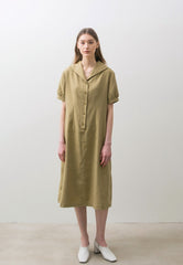 Relaxed Fit Linen Midi Dress with Button Front, Puff Sleeves, and Wide Sailor Collar