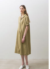 Relaxed Fit Linen Midi Dress with Button Front, Puff Sleeves, and Wide Sailor Collar