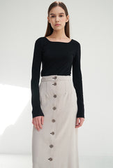 Linen Midi Skirt with Asymmetric Button Front and Back Vent for Effortless Movement