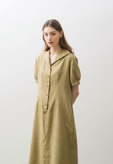 Relaxed Fit Linen Midi Dress with Button Front, Puff Sleeves, and Wide Sailor Collar