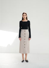 Linen Midi Skirt with Asymmetric Button Front and Back Vent for Effortless Movement
