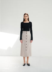 Linen Midi Skirt with Asymmetric Button Front and Back Vent for Effortless Movement