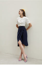 Linen Wrap Midi Skirt with High Waist and Front Pleat – Tailored Feminine Everyday Essential