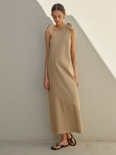 Asymmetrical One-Shoulder Linen Maxi Dress with Adjustable Tie Straps and Clean Silhouette