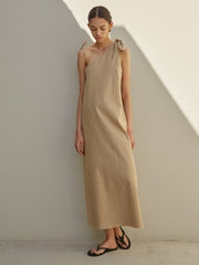 Asymmetrical One-Shoulder Linen Maxi Dress with Adjustable Tie Straps and Clean Silhouette