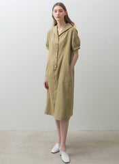 Relaxed Fit Linen Midi Dress with Button Front, Puff Sleeves, and Wide Sailor Collar