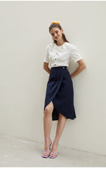 Linen Wrap Midi Skirt with High Waist and Front Pleat – Tailored Feminine Everyday Essential