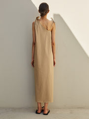 Asymmetrical One-Shoulder Linen Maxi Dress with Adjustable Tie Straps and Clean Silhouette