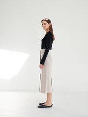Linen Midi Skirt with Asymmetric Button Front and Back Vent for Effortless Movement