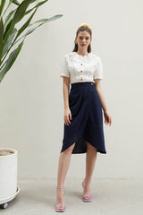 Linen Wrap Midi Skirt with High Waist and Front Pleat – Tailored Feminine Everyday Essential