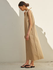 Asymmetrical One-Shoulder Linen Maxi Dress with Adjustable Tie Straps and Clean Silhouette