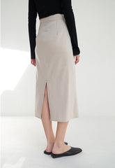Linen Midi Skirt with Asymmetric Button Front and Back Vent for Effortless Movement