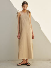 Asymmetrical One-Shoulder Linen Maxi Dress with Adjustable Tie Straps and Clean Silhouette