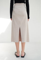 Linen Midi Skirt with Asymmetric Button Front and Back Vent for Effortless Movement