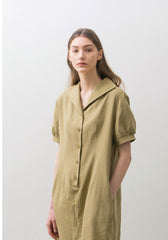 Relaxed Fit Linen Midi Dress with Button Front, Puff Sleeves, and Wide Sailor Collar