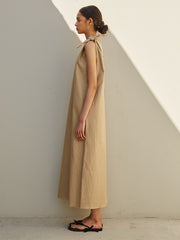 Asymmetrical One-Shoulder Linen Maxi Dress with Adjustable Tie Straps and Clean Silhouette