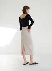 Linen Midi Skirt with Asymmetric Button Front and Back Vent for Effortless Movement