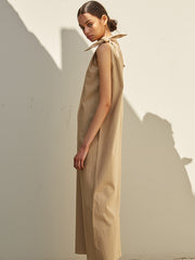 Asymmetrical One-Shoulder Linen Maxi Dress with Adjustable Tie Straps and Clean Silhouette
