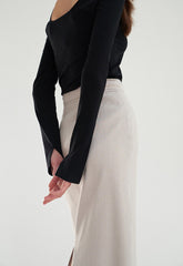 Linen Midi Skirt with Asymmetric Button Front and Back Vent for Effortless Movement
