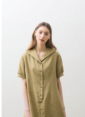 Relaxed Fit Linen Midi Dress with Button Front, Puff Sleeves, and Wide Sailor Collar