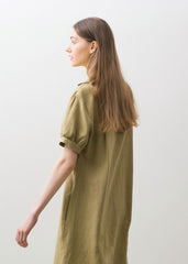 Relaxed Fit Linen Midi Dress with Button Front, Puff Sleeves, and Wide Sailor Collar