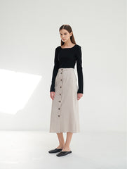 Linen Midi Skirt with Asymmetric Button Front and Back Vent for Effortless Movement