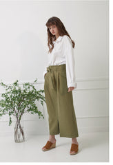 High-Waisted Linen Midi Skirt with Front Slit and Tie Belt for Structured Everyday Elegance