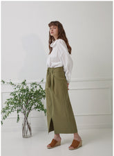 High-Waisted Linen Midi Skirt with Front Slit and Tie Belt for Structured Everyday Elegance