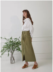 High-Waisted Linen Midi Skirt with Front Slit and Tie Belt for Structured Everyday Elegance