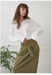 High-Waisted Linen Midi Skirt with Front Slit and Tie Belt for Structured Everyday Elegance