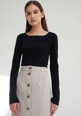 Fitted Cotton Jersey Top with Square Scoop Neckline and Long Sleeves for Everyday Layering