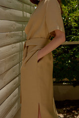 Short Sleeve Linen Midi Dress for Women with Waist Tie and Side Slits for Refined Everyday Comfort