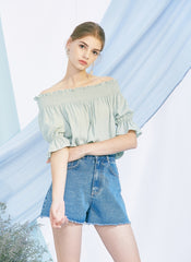 Off-Shoulder Linen Blouse for Women with Smocked Neckline and Puff Sleeves – Elegant Summer Top
