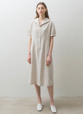 Linen Midi Dress with Short Puff Sleeves, Wide Collar, and Relaxed Button-Front Fit