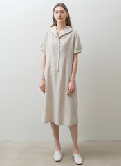 Linen Midi Dress with Short Puff Sleeves, Wide Collar, and Relaxed Button-Front Fit