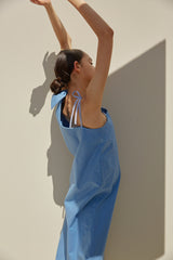 One-Shoulder Linen Midi Dress with Adjustable Bow Straps and Raw Edge Hemline